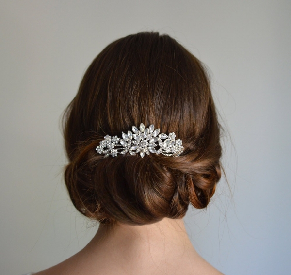 Silver floral hair comb with Swarovski crystals and clear rhinestones