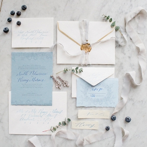 Blue-and-gold wedding invitation suite