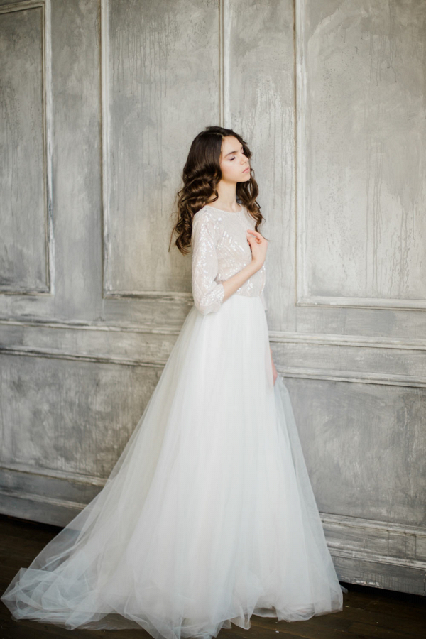 Three-Quarter-Sleeve Wedding Dress with a Layered Skirt