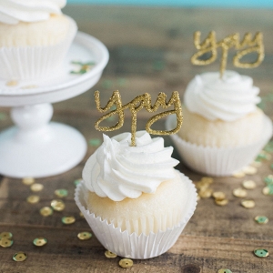 Yay cupcake toppers in glittery gold