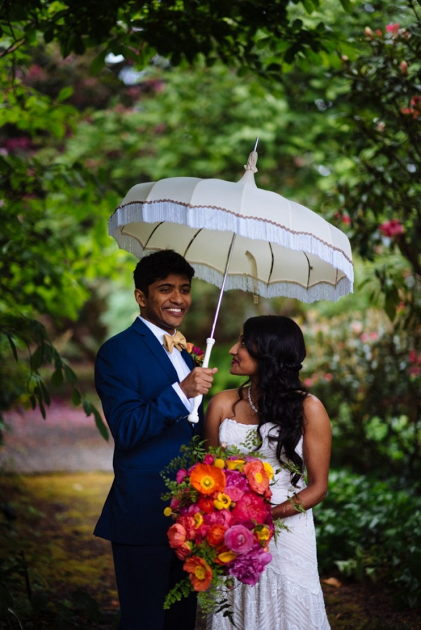 Indian bride and groom under umbrella