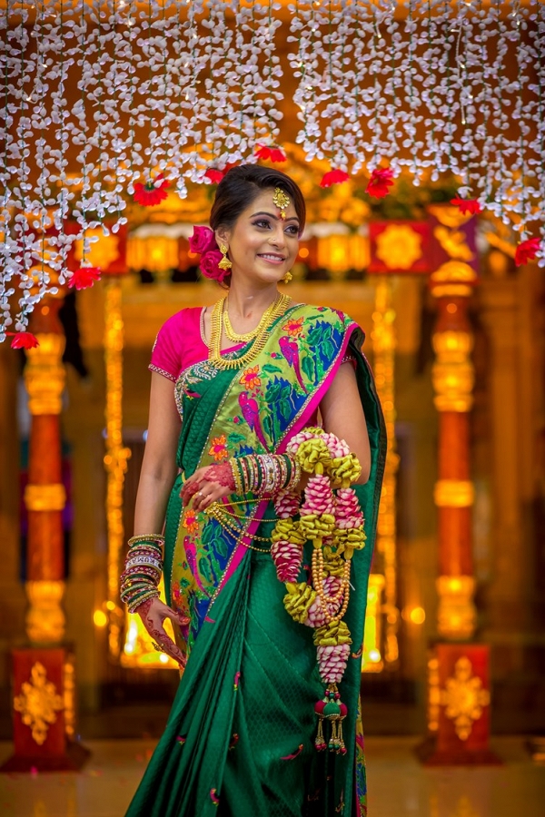 Bride in parrot sari on The Big Fat Indian Wedding