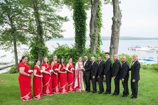 Bridesmaids and Groomsmen Posing at the Lake Before Wedding