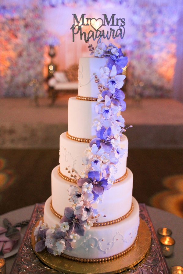 Purple and gold wedding cake