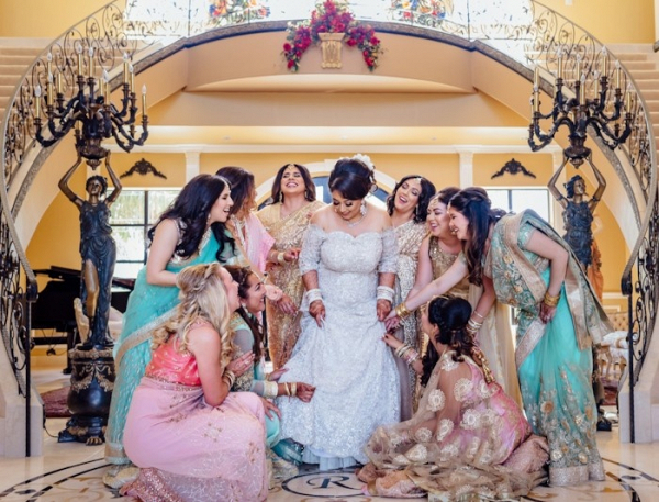 Pink and teal Indian bridal party