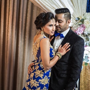 Glam couple in blue and gold on The Big Fat Indian Wedding