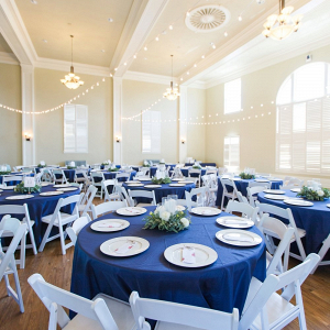 Wedding reception with blue linens
