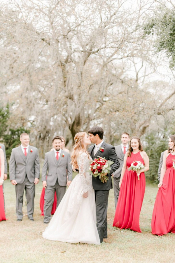 Rustic red winter wedding party