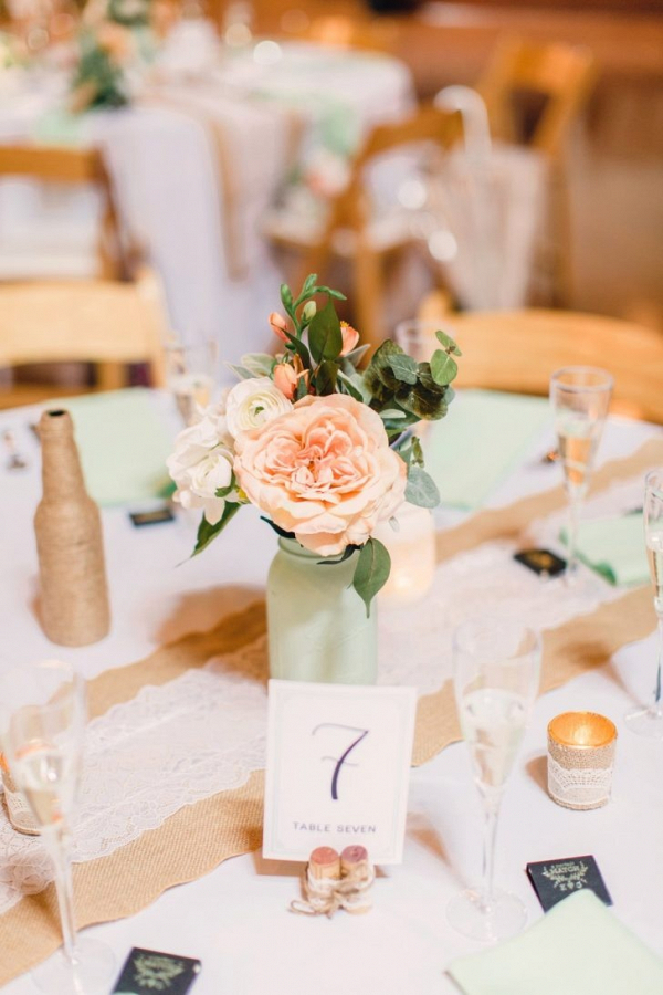 Rustic centerpieces with burlap and lace runners
