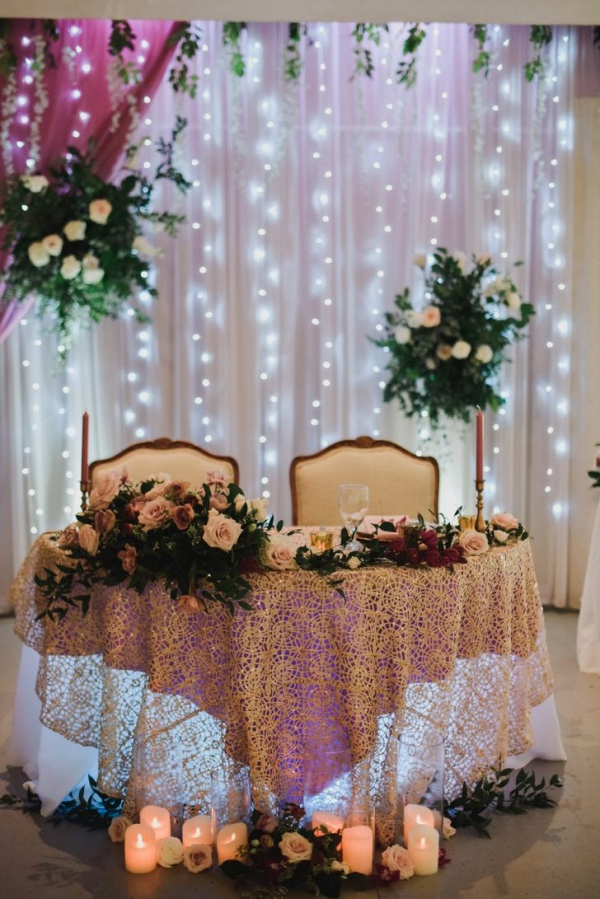 Sweetheart table with string light backdrop