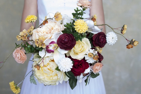 Yellow, Maroon and White Silk Bridal Bouquet