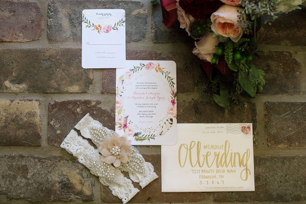 Floral Print Wedding Invitation and Lace Garter