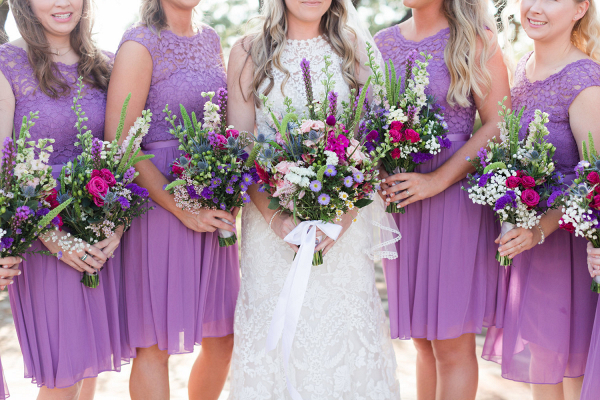 Purple Bridesmaid Dress and Wildflower Wedding Bouquets