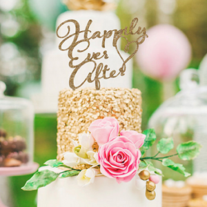 Happily Ever After cake topper in gold shimmer