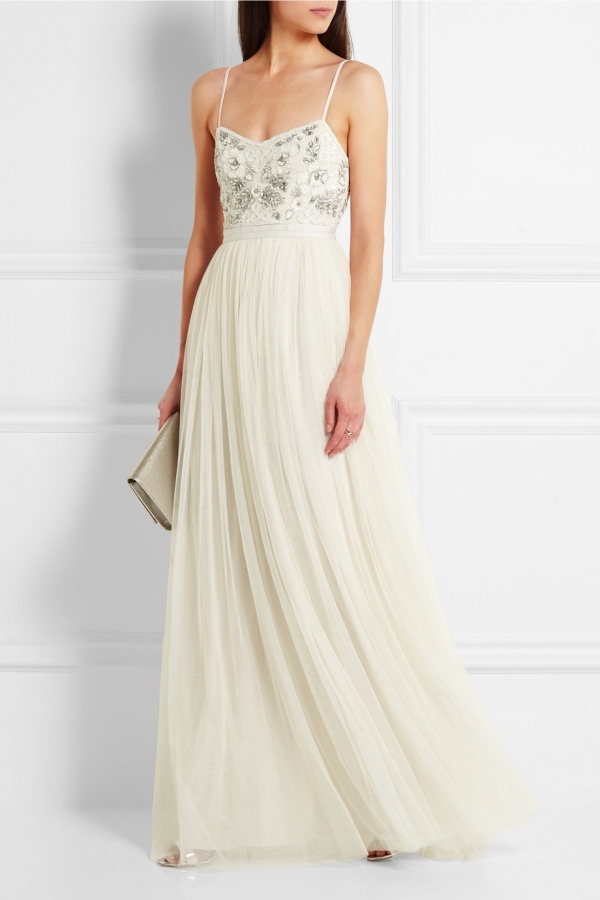 Embellished Satin Crepe and Tulle Gown