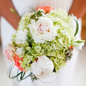 Green and coral bridal bouquet