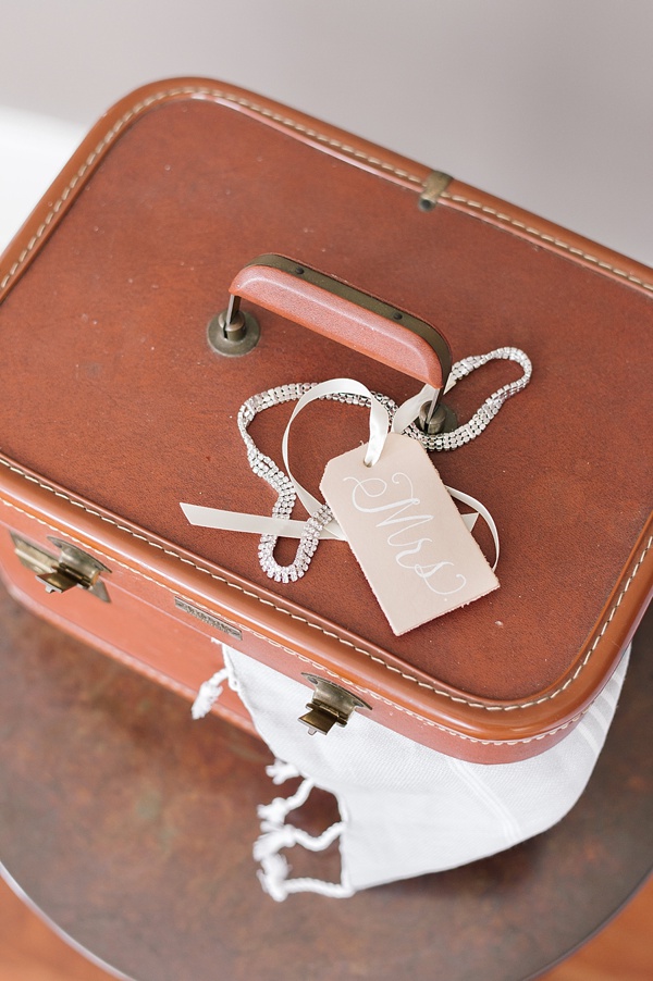 Calligraphy luggage tag on honeymoon suitcase