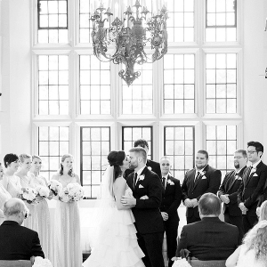 Classic museum wedding with chandelier