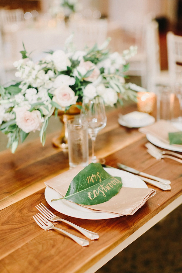 Leaf Place Cards with Gold Calligraphy