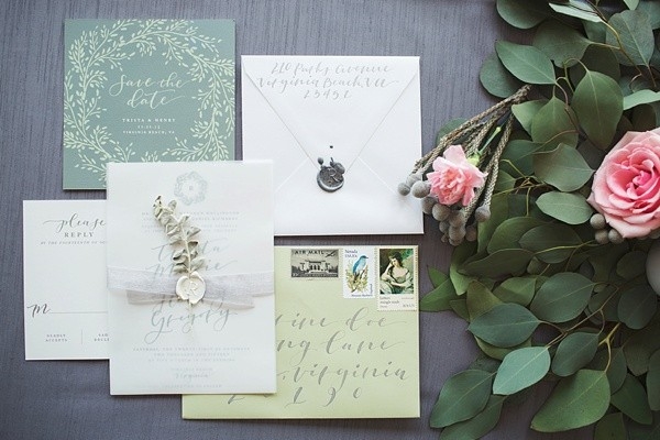 Sage green calligraphy invitations