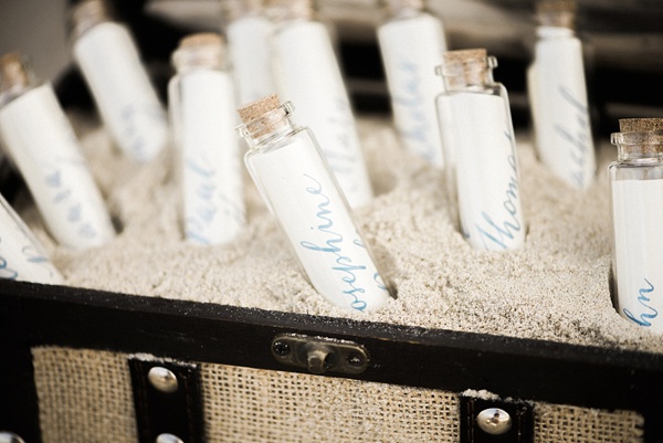 Place cards in tiny glass bottles