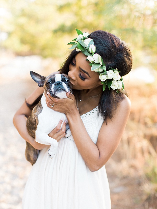 Dog with bride in flower crown
