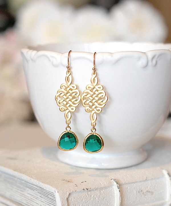 Green and gold bridesmaid earrings