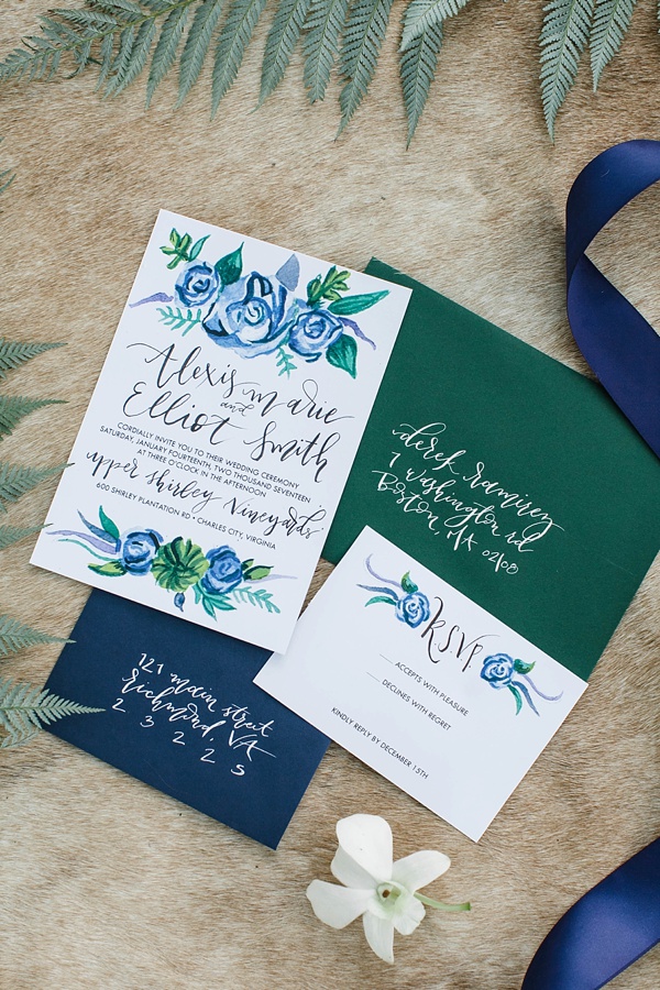 Calligraphy wedding invitations of navy blue and emerald