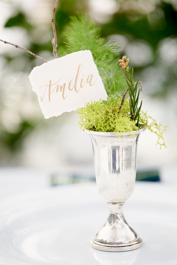 Calligraphy place card on moss