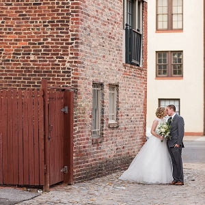 Bride and groom in urban setting