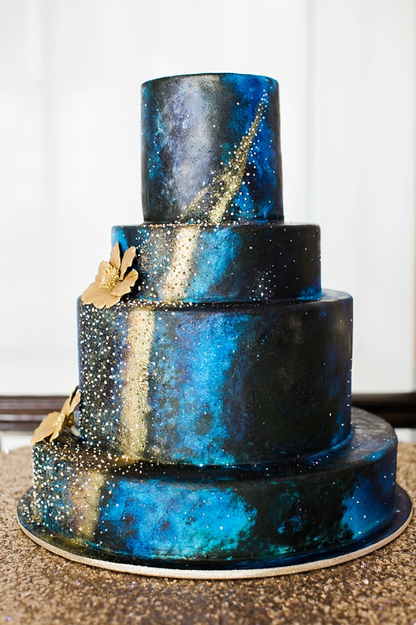Navy blue and gold galaxy cake