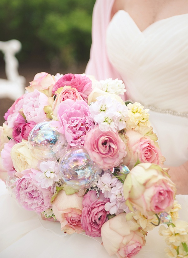Pink Wedding Bouquet with Iridescent Glass Bubbles
