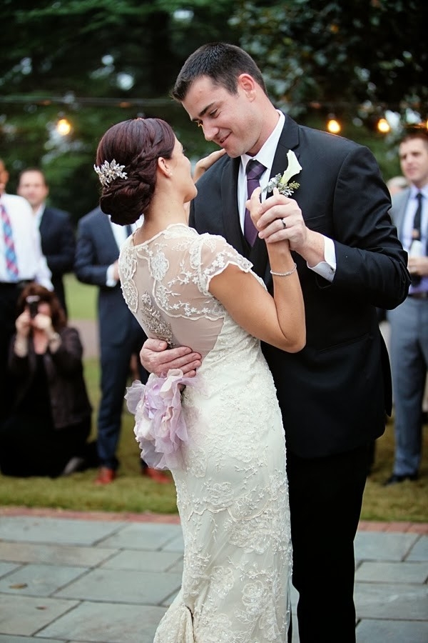 Claire Pettibone gown with purple flower