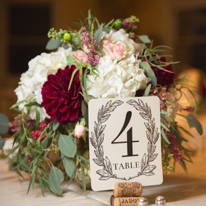 Fall Wine Colored Flower Centerpiece, Ornate Table Numbers