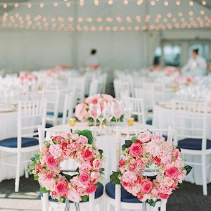 flower wreath bride and groom chairs