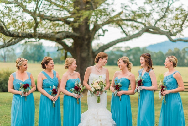 bridesmaid dresses and rustic bouquet 