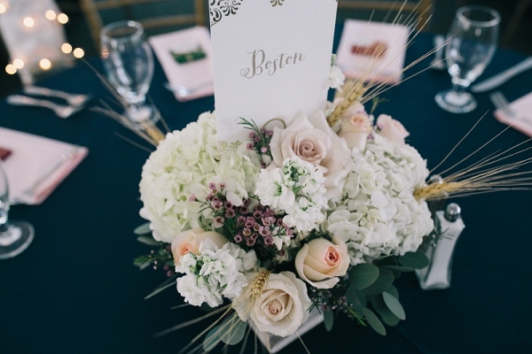 Floral low compact centerpiece with table numbers