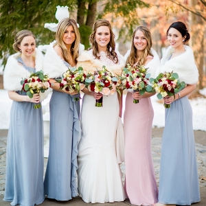 Pastel Winter Bridesmaid Dresses with Fur Accessories